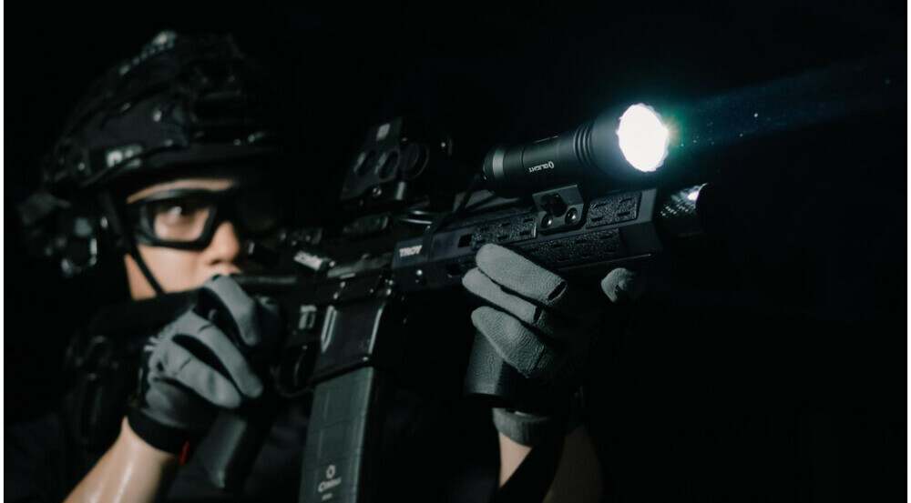 Player using a weapon mounted flashlight 
